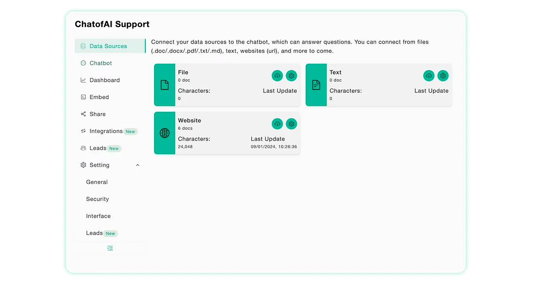 Easily Import Data from files(PDF, Doc, Markdown, TXT) or websites.